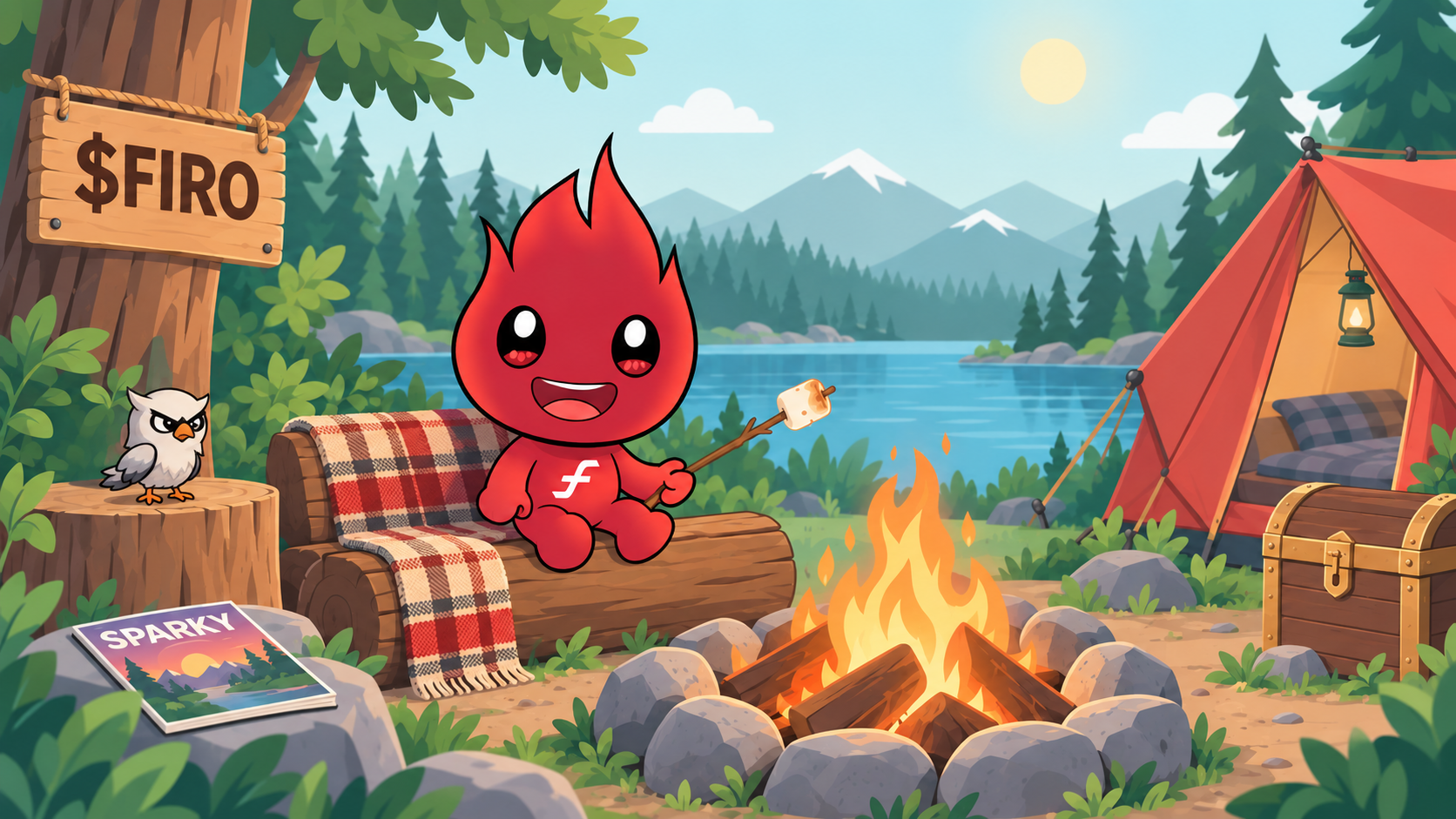 Sparky roasting a marshmallow beside the campfire. His bird sits on the stump. The SPARKY sign, journal, tent, lantern and treasure chest surround the lake.